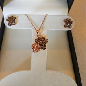 Rose gold paw necklace and earrings set with diamonds